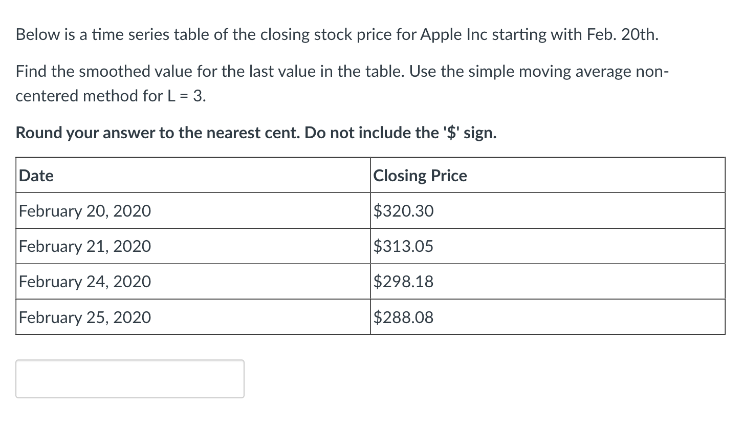 Solved Below is a time series table of the closing stock