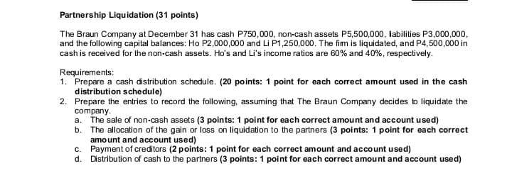 Partnership Liquidation (31 points)
The Braun Company at December 31 has cash P750,000, non-cash assets P5,500,000, iabilitie