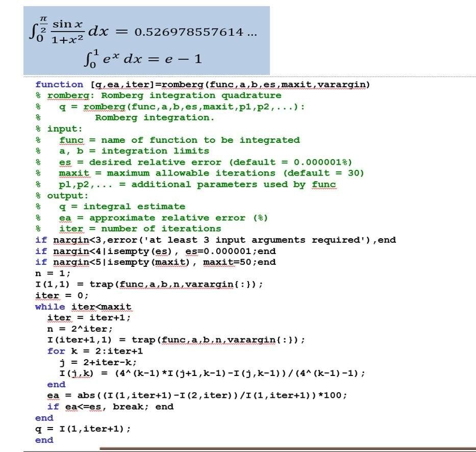 Using Matlab Code Provided Below For Romberg Algor Chegg Com