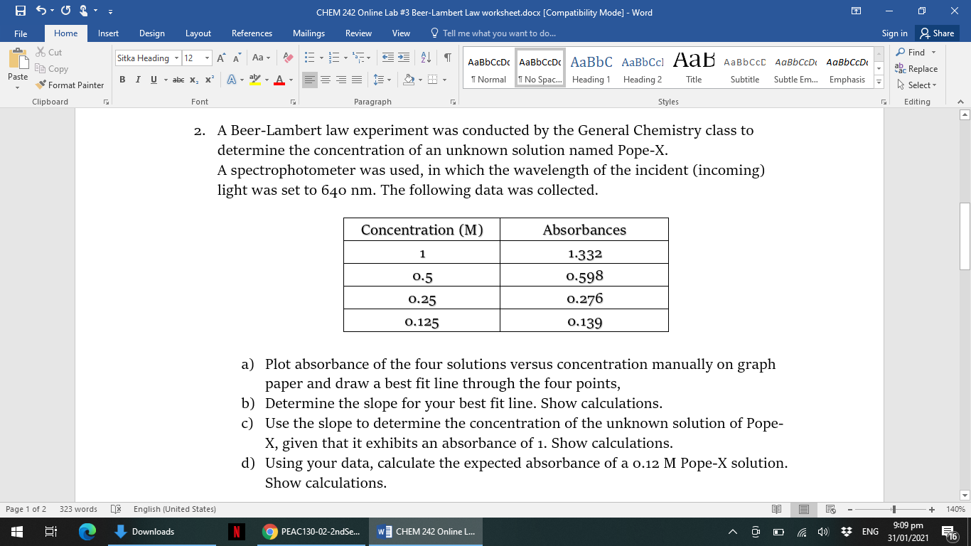 Solved SUR o X CHEM 242 Online Lab 3 BeerLambert Law