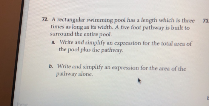 Solved 72. A rectangular swimming pool has a length which is | Chegg.com