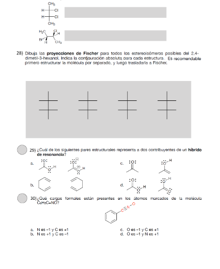 28) Dibuja las proyecciones de Fischer para todos los estereoisómeros posibles dal 2.4dimetil-3-hexanol. Indica la confiaurac