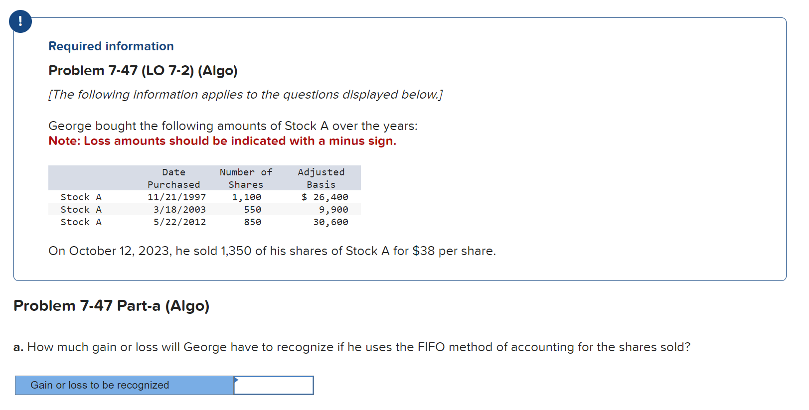 Solved Required Information Problem 7.47 (LO 7-2) (Algo) | Chegg.com