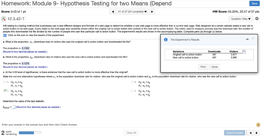 Solved Save Homework: Module 9- Hypothesis Testing for two | Chegg.com