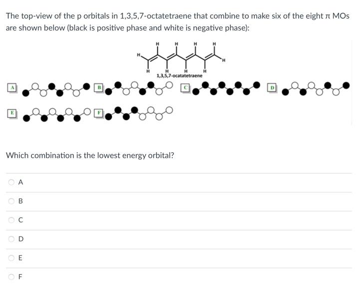 The top-view of the p orbitals in 1,3,5,7-octatetraene that combine to make six of the eight ? MOs
are shown below (black is 