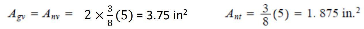 Agv = Anv
=
2 x (5) = 3.75 in²
²
Ant = 3 (5) = 1.875 in.²