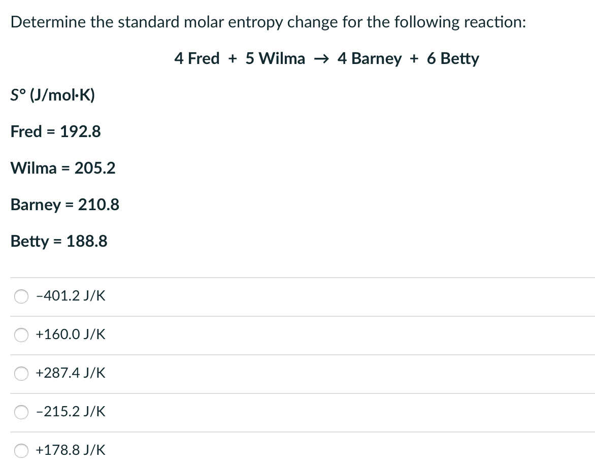 Solved Determine the standard molar entropy change for the | Chegg.com
