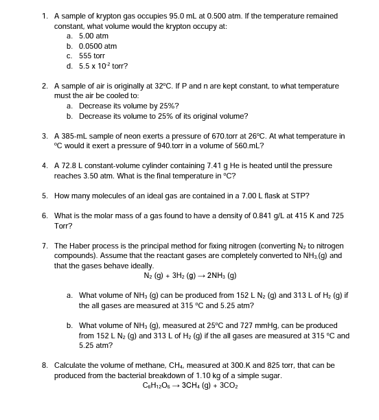 Solved 1. A sample of krypton gas occupies 95.0 mL at 0.500 | Chegg.com