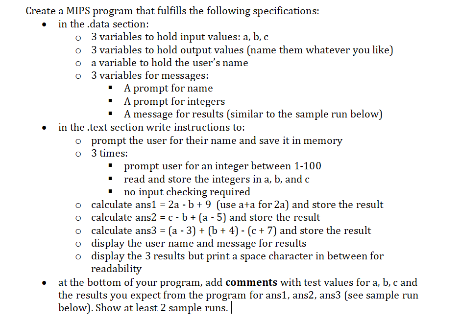 Solved Create a MIPS program that fulfills the following | Chegg.com