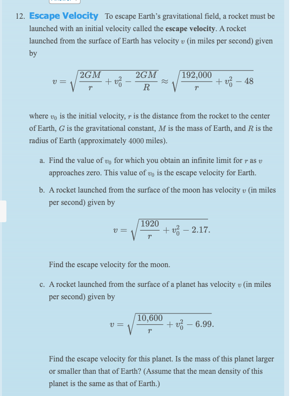 Solved 12. Escape Velocity To escape Earth's gravitational