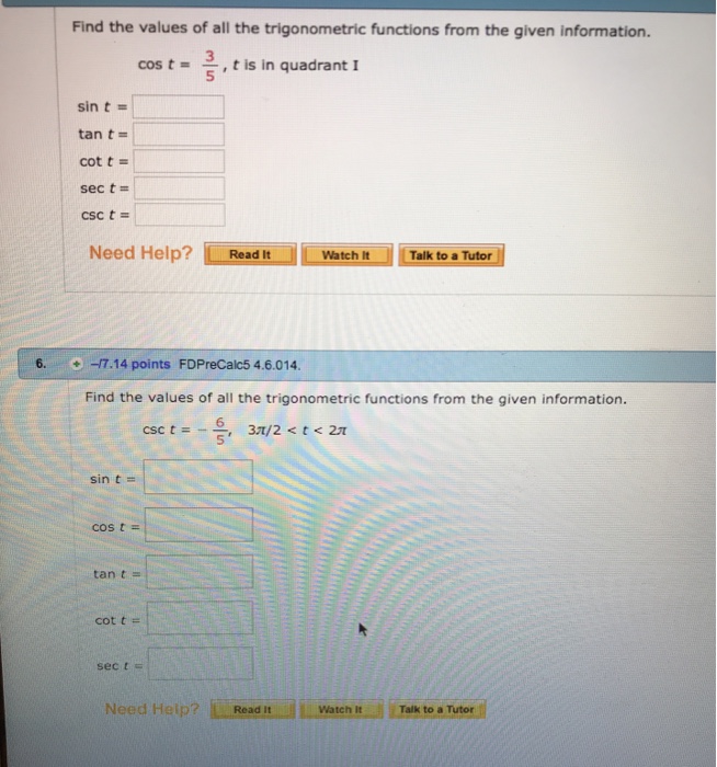 Solved Find the values of all the trigonometric functions | Chegg.com
