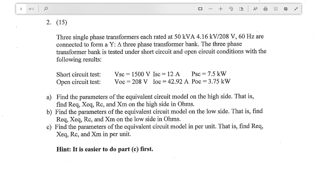 Solved 2. (15) Three single phase transformers each rated at | Chegg.com