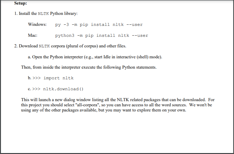 Setup: 1. Install the NLTK Python library: Windows: | Chegg.com