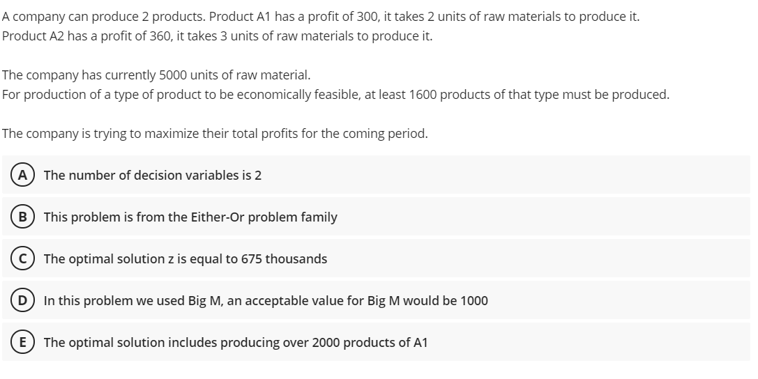 Solved A Company Can Produce 2 Products. Product A1 Has A | Chegg.com