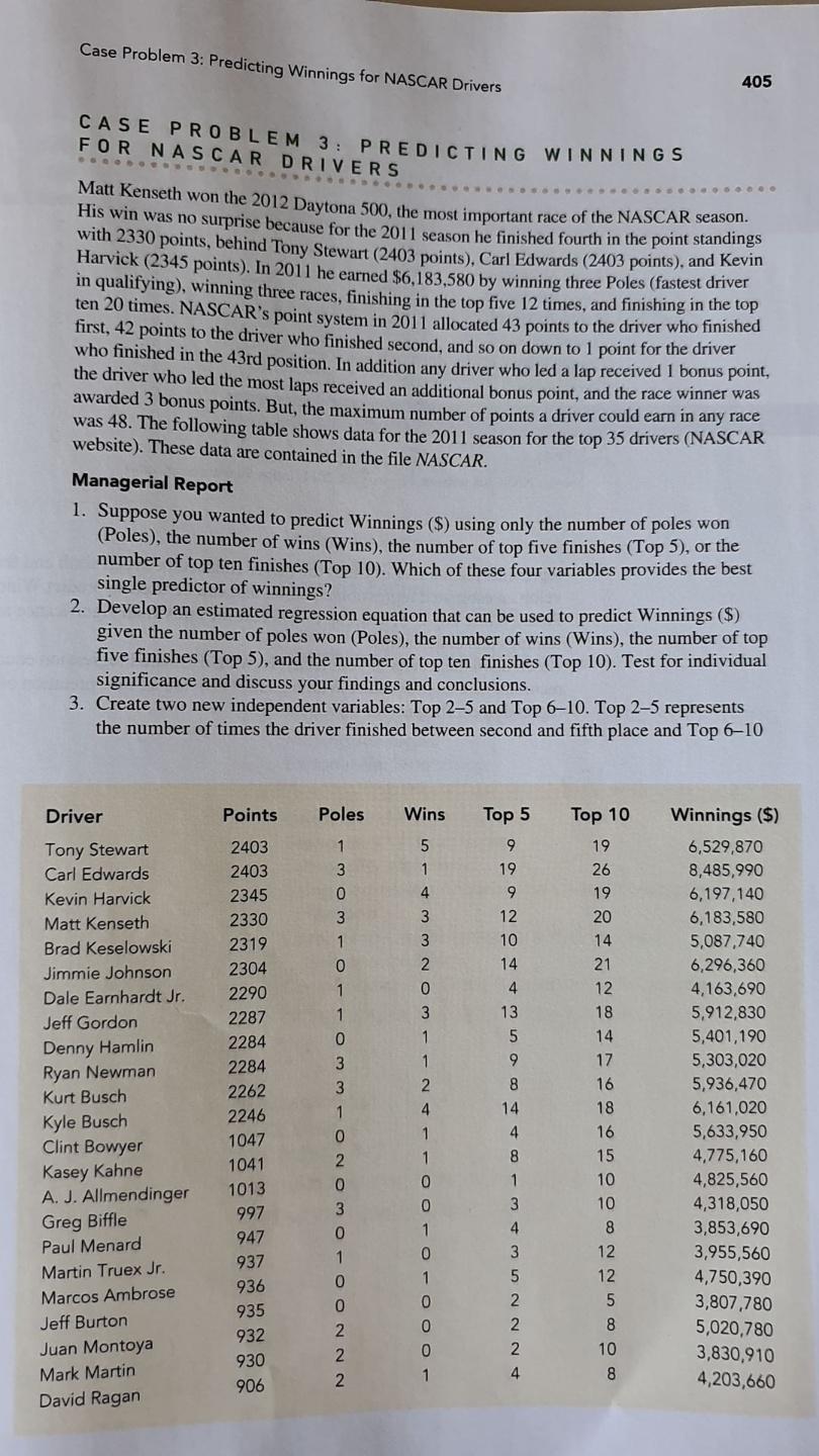 Case Problem 3: Predicting Winnings for NASCAR | Chegg.com