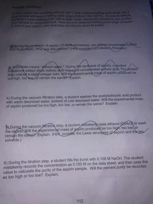 Solved Postlab questions 1) Pure aspirin has a melting