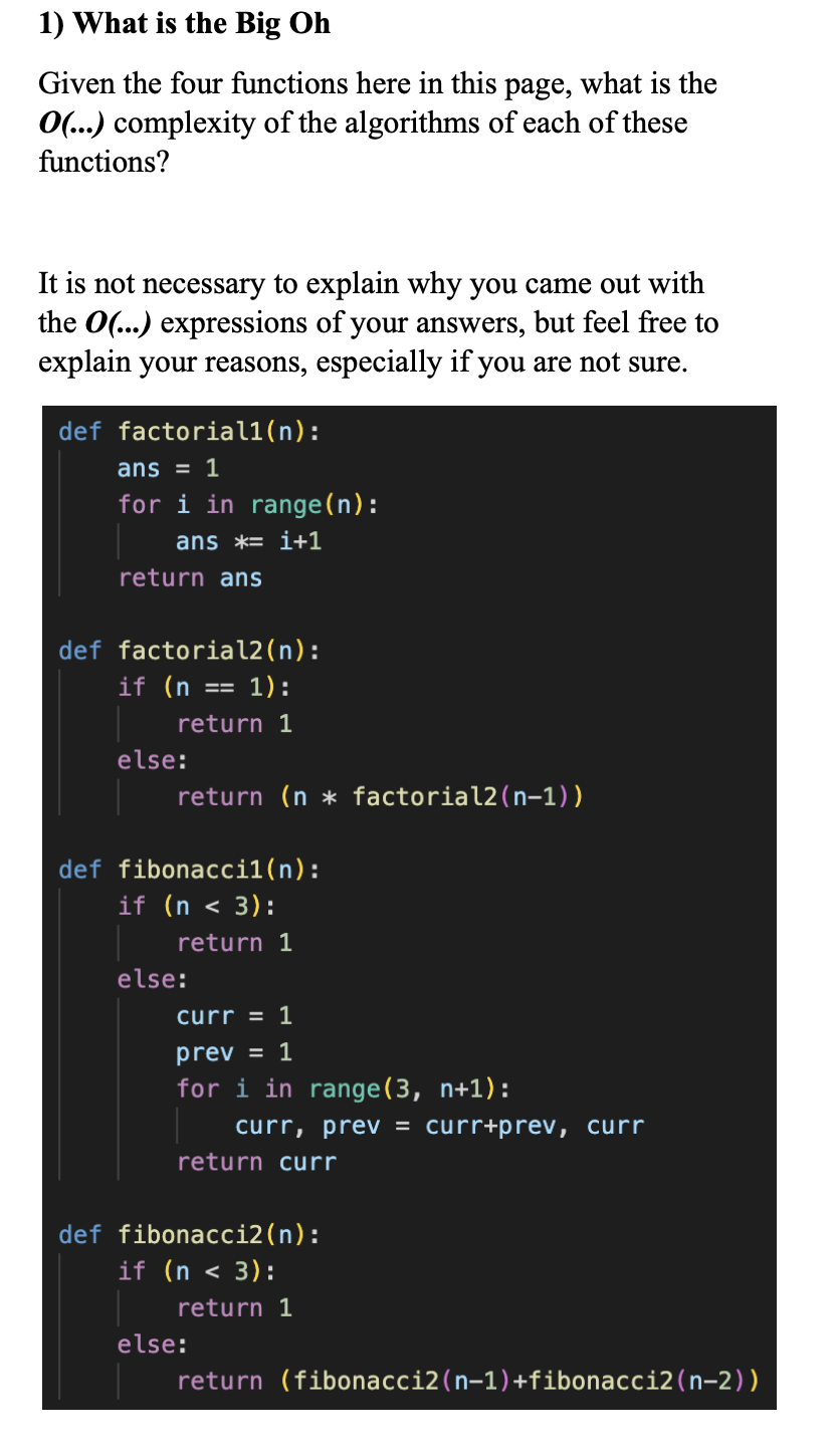 Solved 1) What is the Big Oh Given the four functions here | Chegg.com