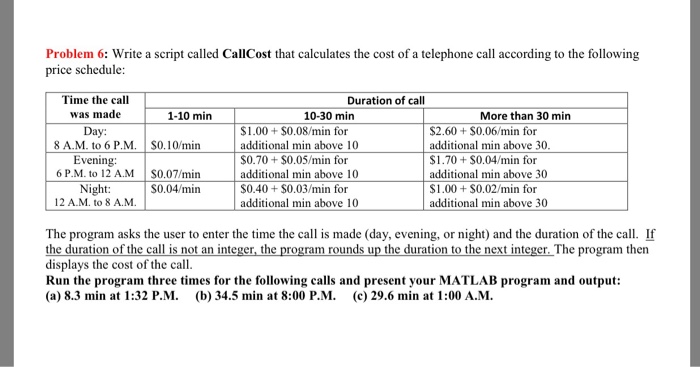 Solved Problem 6: Write a script called CallCost that | Chegg.com