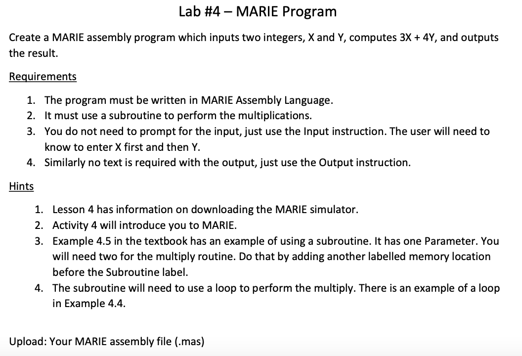 Solved Lab 4 Marie Program Create A Marie Assembly