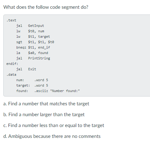 Solved What does the follow code segment do? .text jal Get | Chegg.com