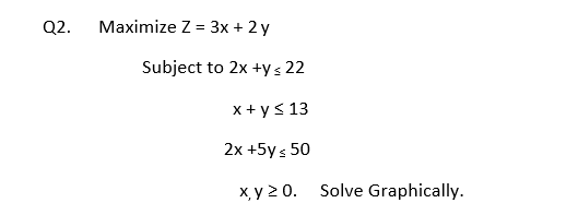 \( \operatorname{imize} Z=3 x+2 y \) Subject to \( 2 x+y \leq 22 \) \[ \begin{array}{r} x+y \leq 13 \\ 2 x+5 y \leq 50 \end{a