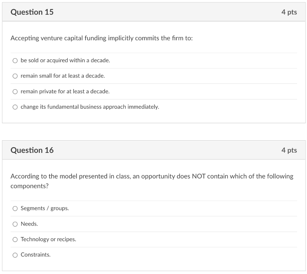 Solved Question 15 4 pts Accepting venture capital funding | Chegg.com