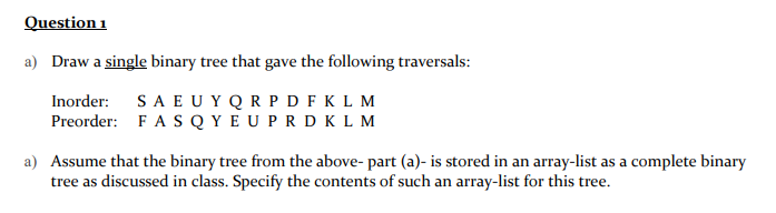 Solved Question 1 a) Draw a single binary tree that gave the | Chegg.com