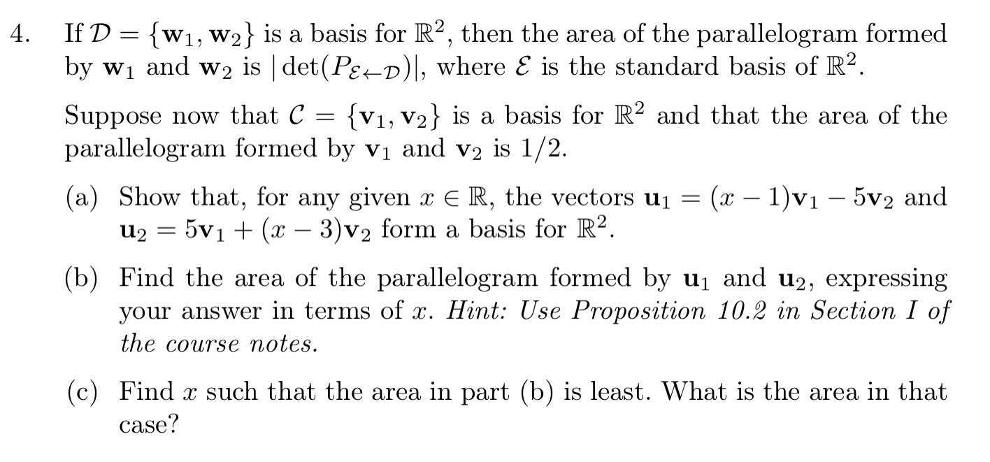 Solved 4. = If D= {W1, W2} is a basis for R2, then the area