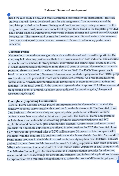 (Solved) : Balanced Scorecard Assignment Case Study Create Balanced ...