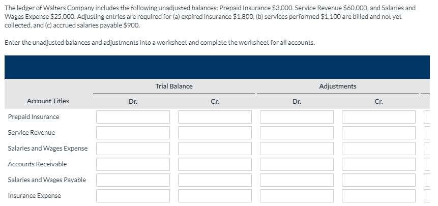 The ledger of Walters Company includes the following unadjusted balances: Prepaid Insurance $3,000,...-1