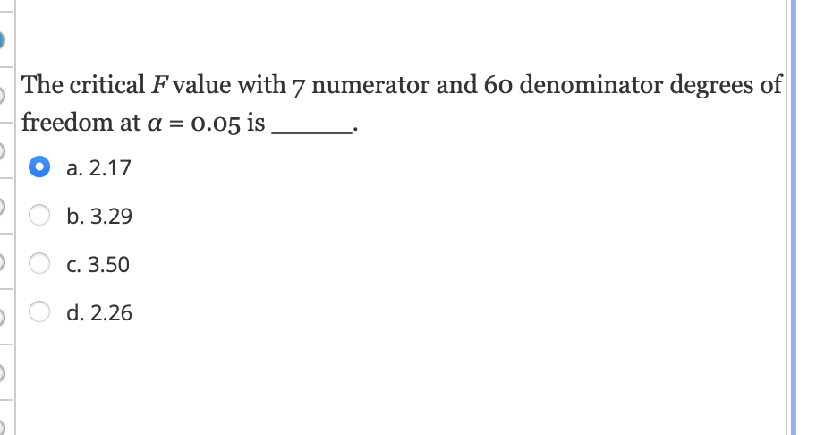 Solved The critical F value with 7 numerator and 60 | Chegg.com