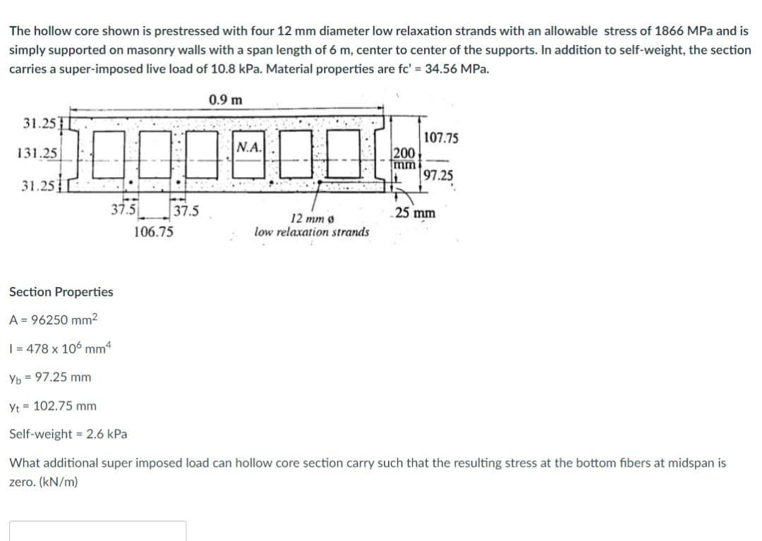 Solved The hollow core shown is prestressed with four 12 mm | Chegg.com