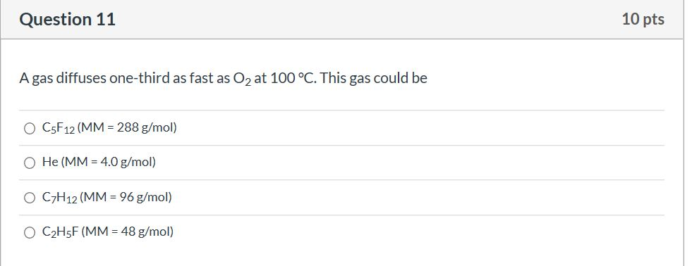 Solved Question 11 10 Pts A Gas Diffuses One-third As Fast | Chegg.com