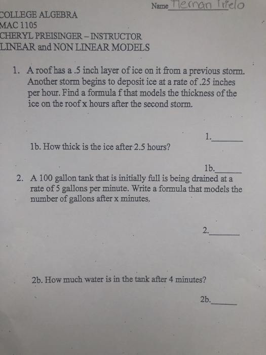 Solved Name ean Trreldo COLLEGE ALGEBRA MAC 1105 CHERYL | Chegg.com