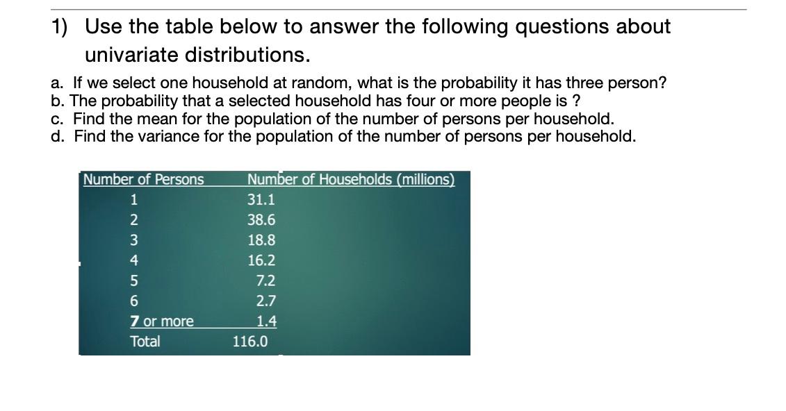 Solved 1) Use the table below to answer the following | Chegg.com