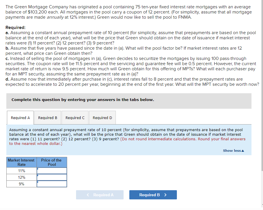 Solved The Green Mortgage Company has originated a pool