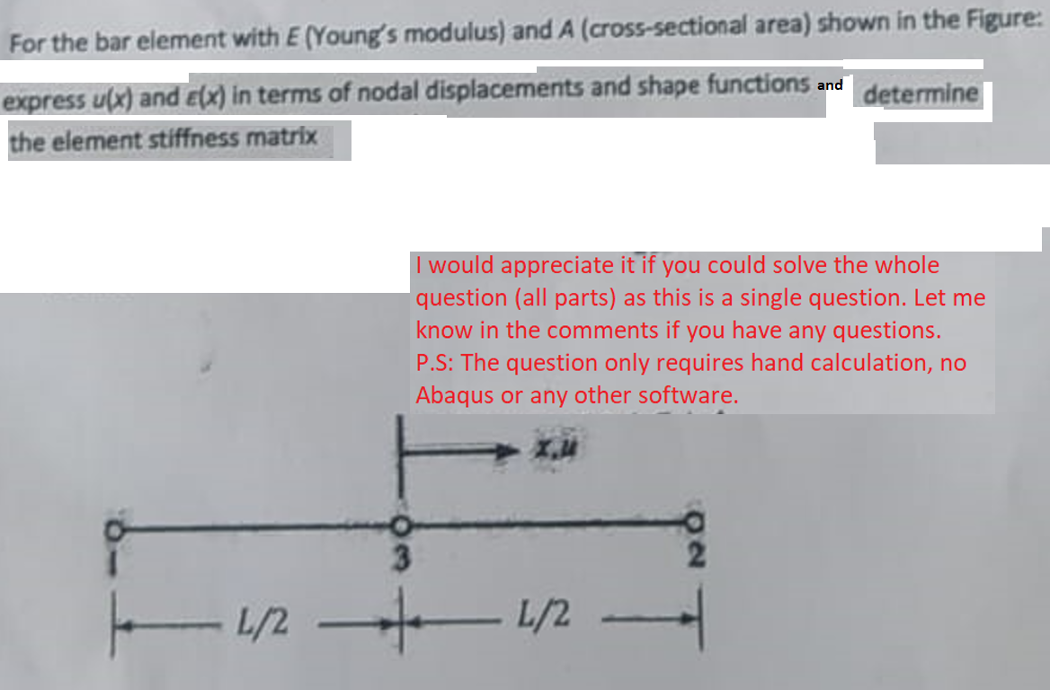 Solved For the bar element with E (Young's modulus) and A | Chegg.com