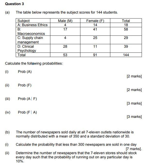 Solved Question 3 (a) The table below represents the subject | Chegg.com