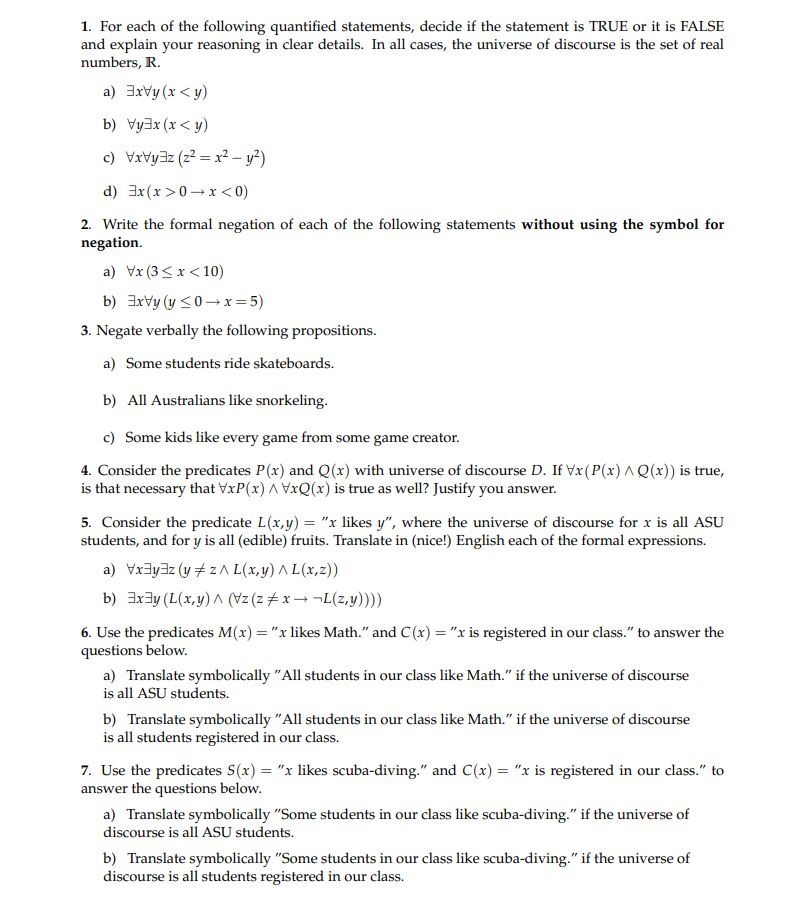 Solved For Each Of The Following Quantified Statements D Chegg Com