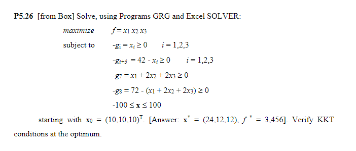 Solved P5.26 [from Box] Solve, using Programs GRG and Excel | Chegg.com