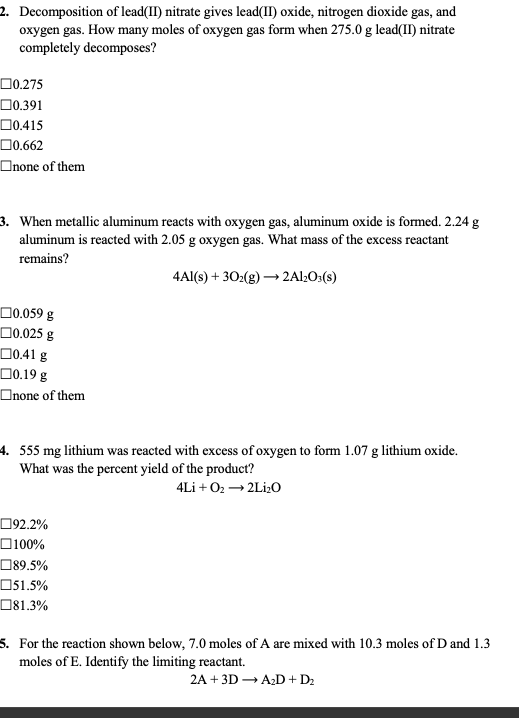 Solved 2. Decomposition of lead(II) nitrate gives lead(II) | Chegg.com