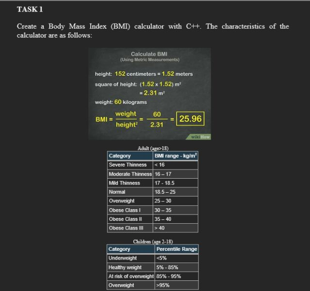 Solved TASK 1 Create A Body Mass Index (BMI) Calculator With | Chegg.com