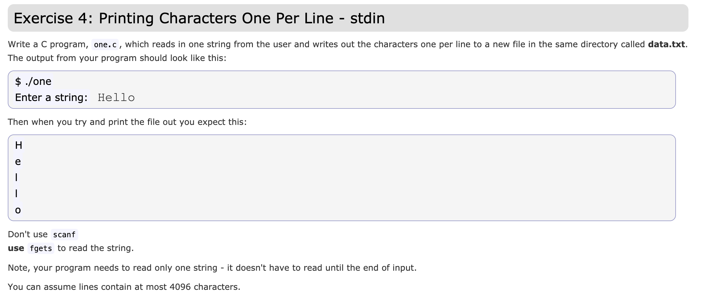 Solved Exercise 4: Printing Characters One Per Line - stdin | Chegg.com
