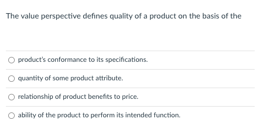 Solved The value perspective defines quality of a product on | Chegg.com