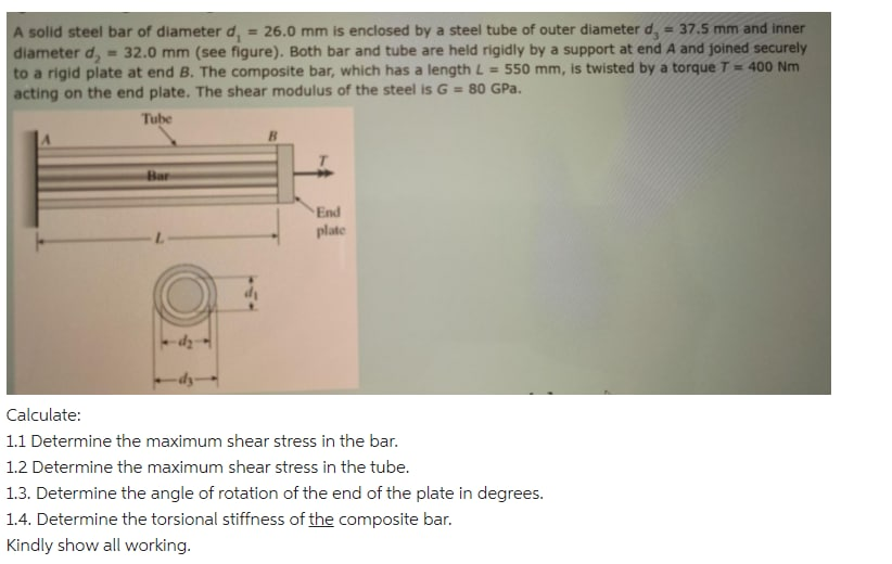 Solved A solid steel bar of diameter d, = 26.0 mm is | Chegg.com