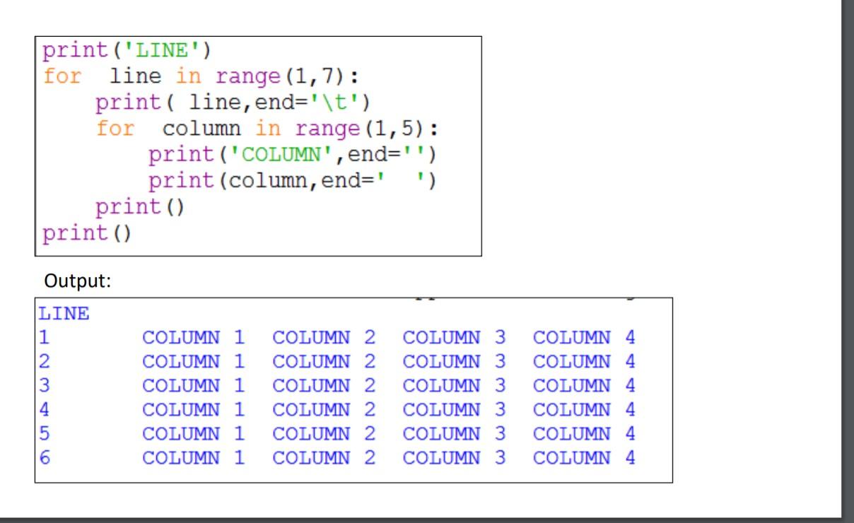 Solved print('LINE') for line in range (1,7): print ( line, | Chegg.com