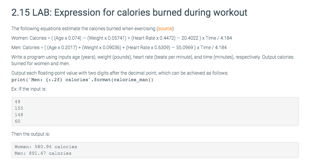 2.27 lab expression for calories burned during workout c