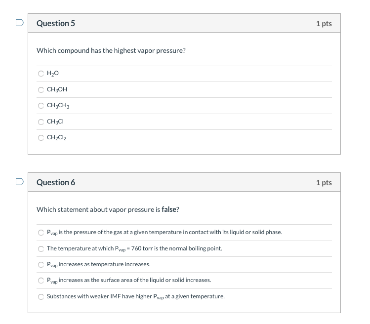 Solved Question 5 1 pts Which compound has the highest vapor
