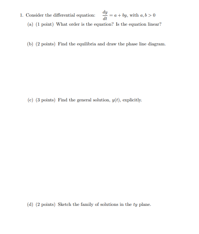 Solved dy 1. Consider the differential equation: a+by, with | Chegg.com