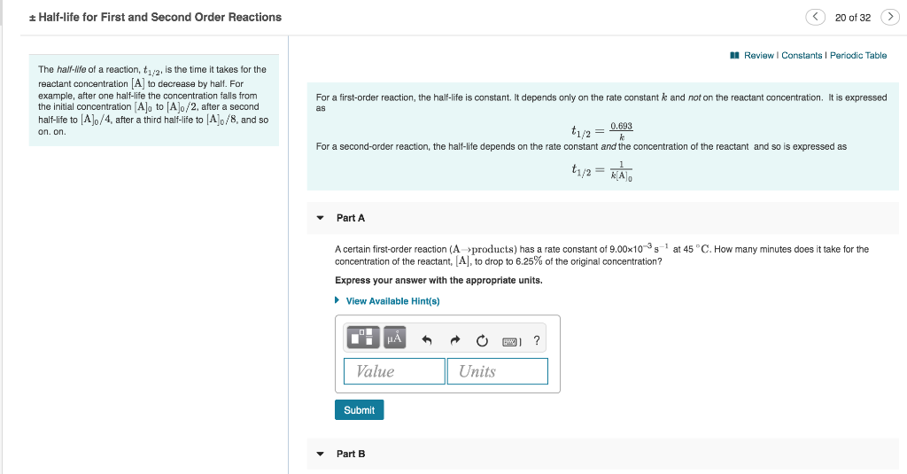 Solved Half Life For First And Second Order Reactions Of Chegg Com